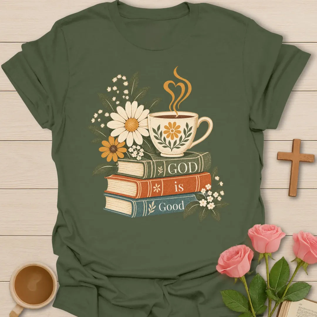 God Is Good Christian t-shirt with faith-inspired lettering - Military Green