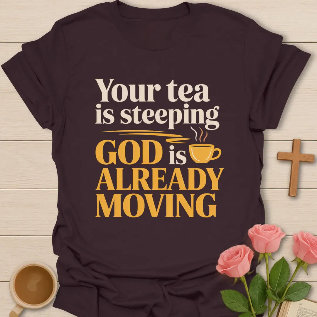 God Is Moving t-shirt with faith-inspired lettering - Dark Chocolate
