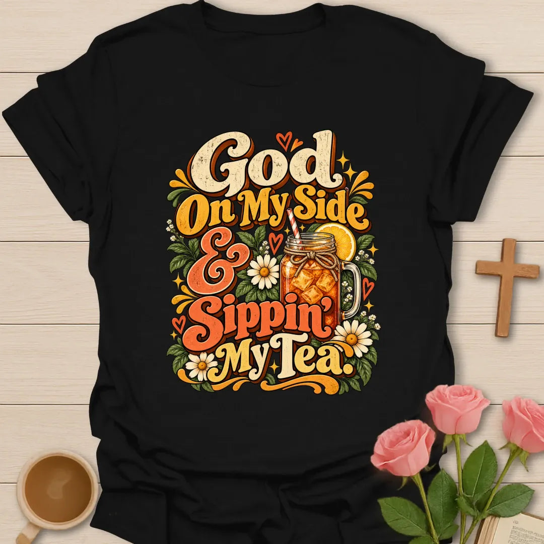 God On My Side Christian t-shirt with faith-inspired lettering design - Black