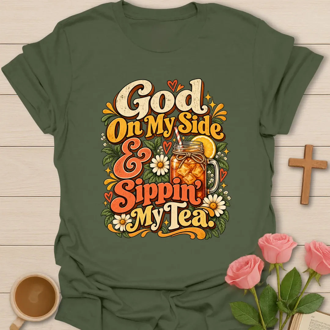 God On My Side Christian t-shirt with faith-inspired lettering design - Military Green