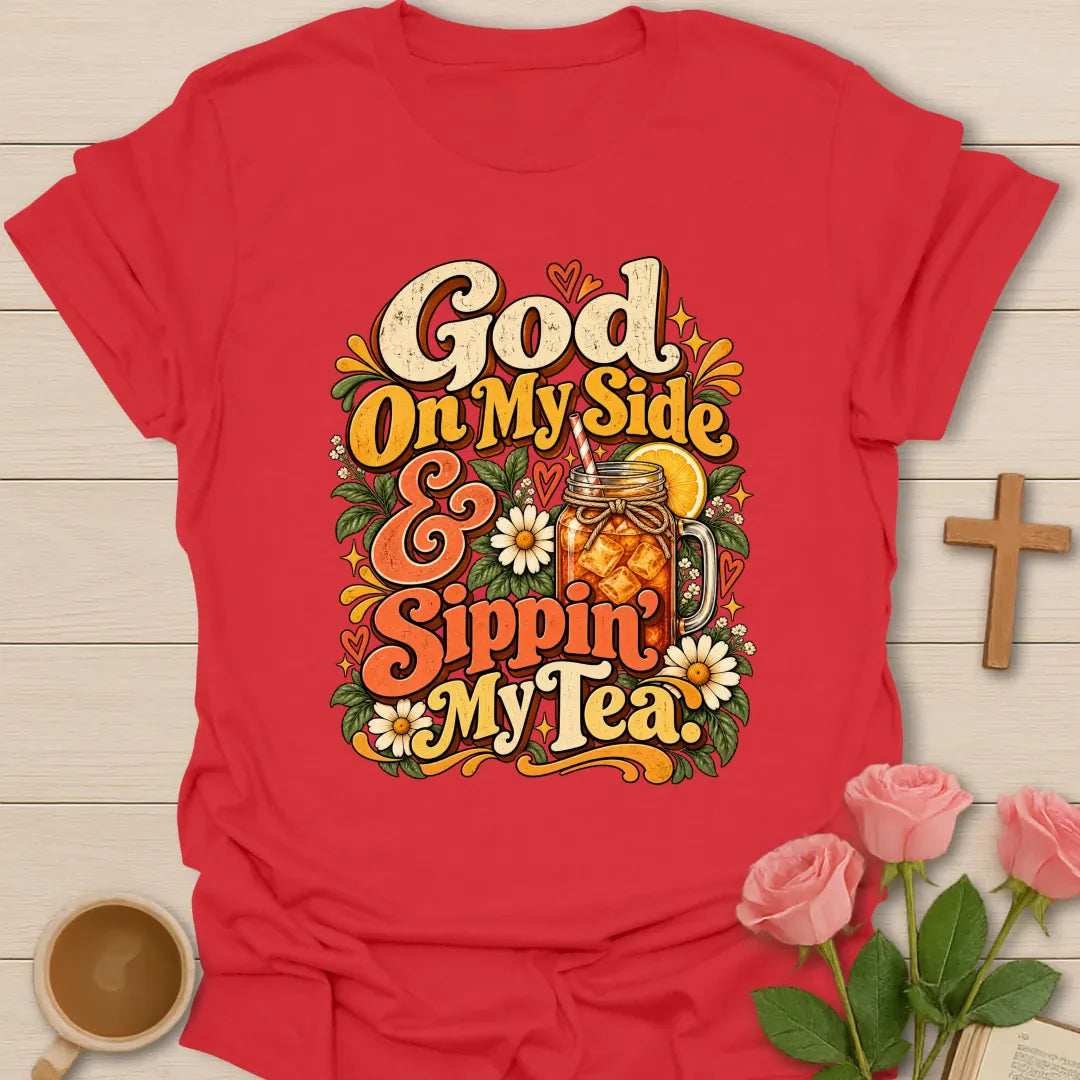 God On My Side Christian t-shirt with faith-inspired lettering design - Red