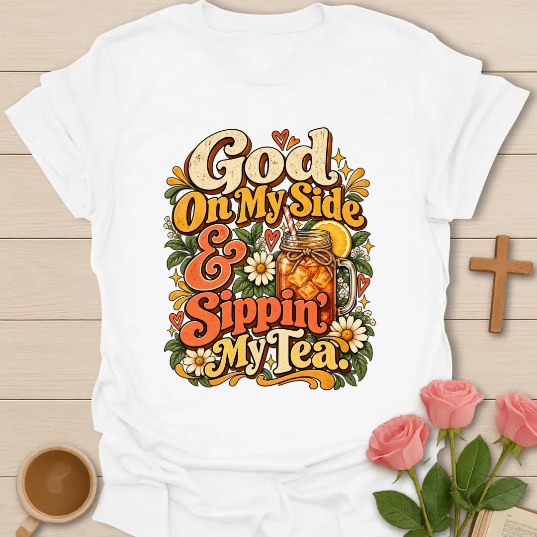 God On My Side Christian t-shirt with faith-inspired lettering design - White