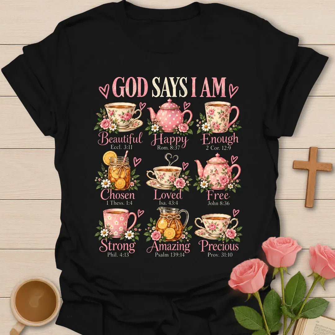 God Says I Am t-shirt with nine floral teacups and teapots labeled Beautiful, Happy, Enough, Chosen, Loved, Free, Strong, Amazing, and Precious with scripture references - Black