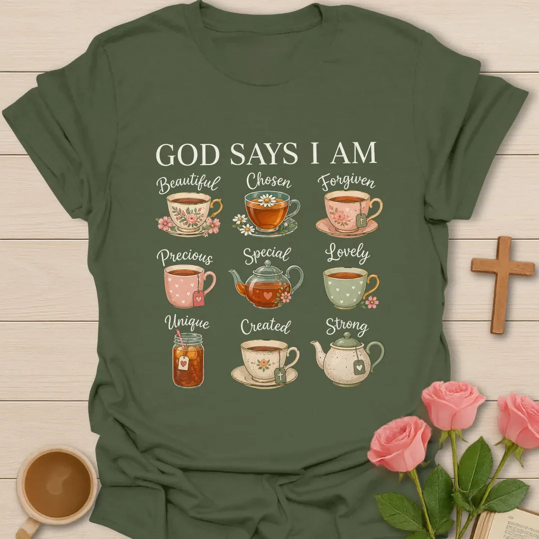 God Says I Am shirt with uplifting affirmation words and charming teacups - Military Green
