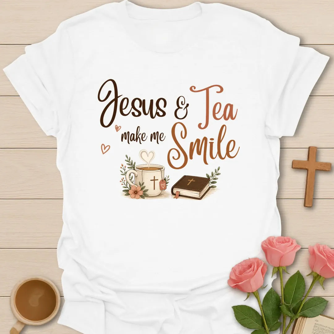 Jesus & Tea Make Me Smile T-Shirt KozzyCo Christian and tea lover design