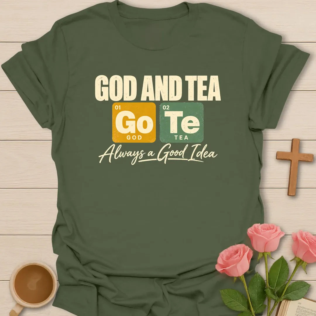 God And Tea t-shirt with periodic table tiles Go and Te and Always a Good Idea script - Military Green
