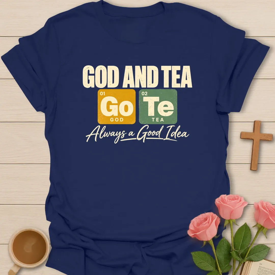 God And Tea t-shirt with periodic table tiles Go and Te and Always a Good Idea script - Navy