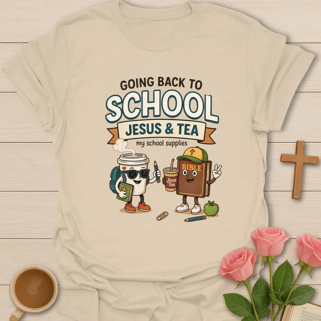 Going back to school Jesus and Tea shirt with coffee cup, Bible character, apple, pencil, and school supplies. - Sand