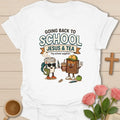 Going back to school Jesus and Tea shirt with coffee cup, Bible character, apple, pencil, and school supplies. - White