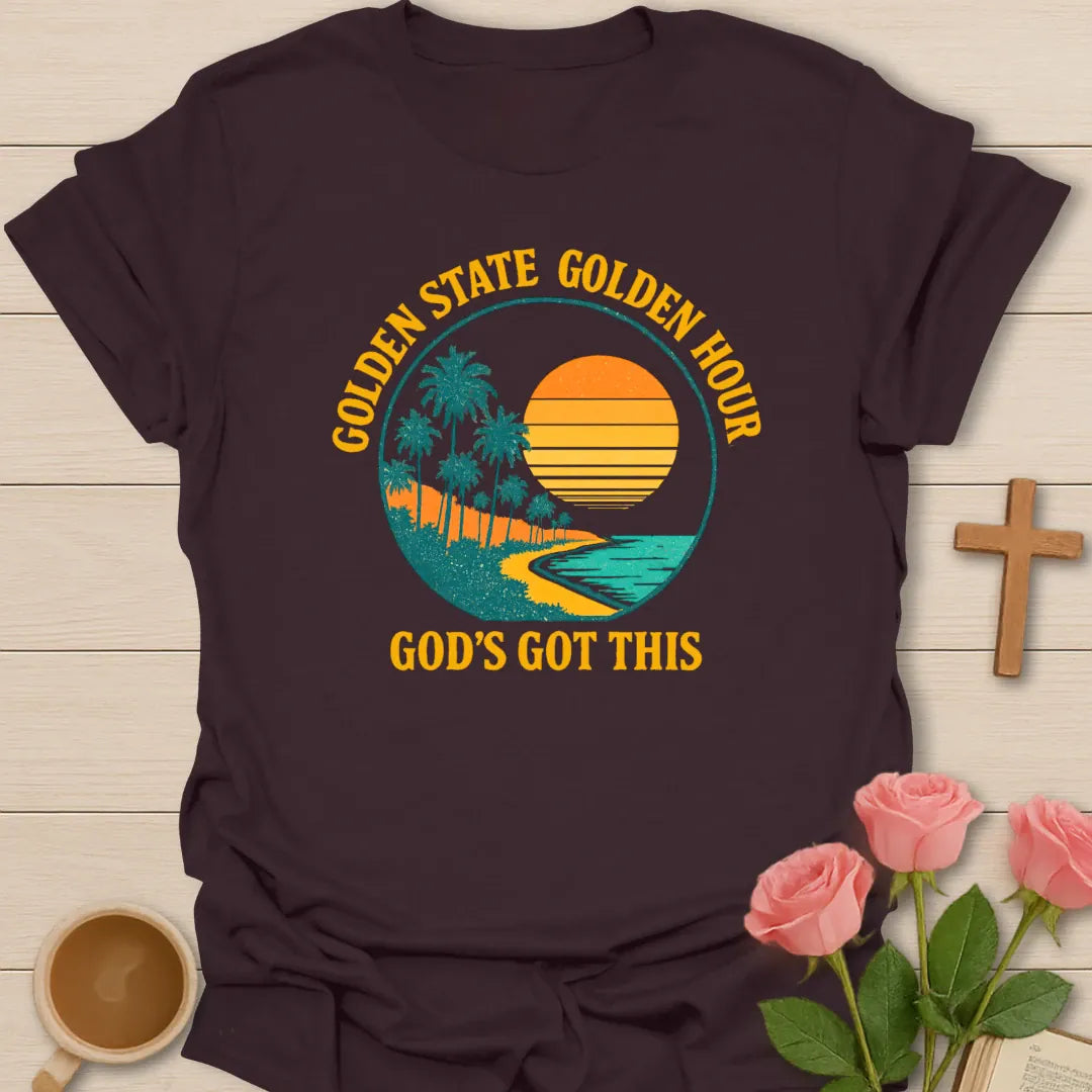 Golden State Golden Hour shirt with California sunset, palm, teacup, and vintage lettering. - Dark Chocolate