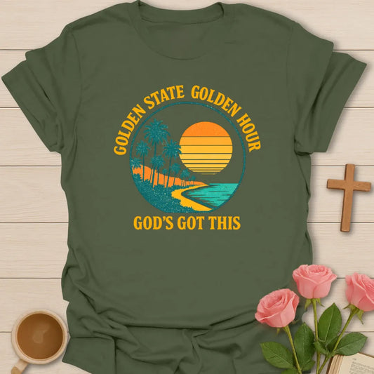 Golden State Golden Hour shirt with California sunset, palm, teacup, and vintage lettering. - Military Green