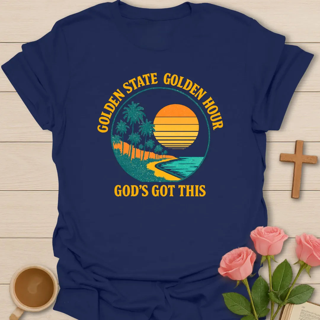 Golden State Golden Hour shirt with California sunset, palm, teacup, and vintage lettering. - Navy