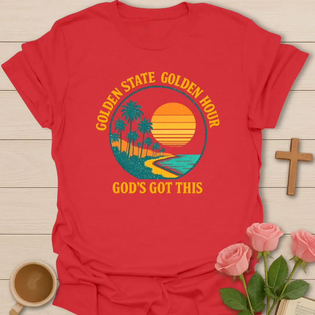 Golden State Golden Hour shirt with California sunset, palm, teacup, and vintage lettering. - Red