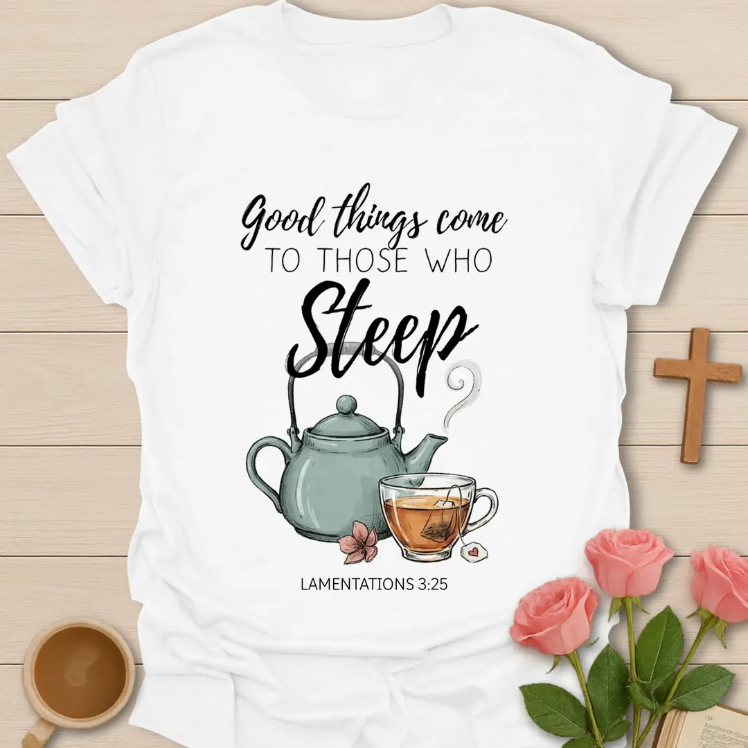 Good Things Come Christian t-shirt with faith-inspired tea lettering design - White