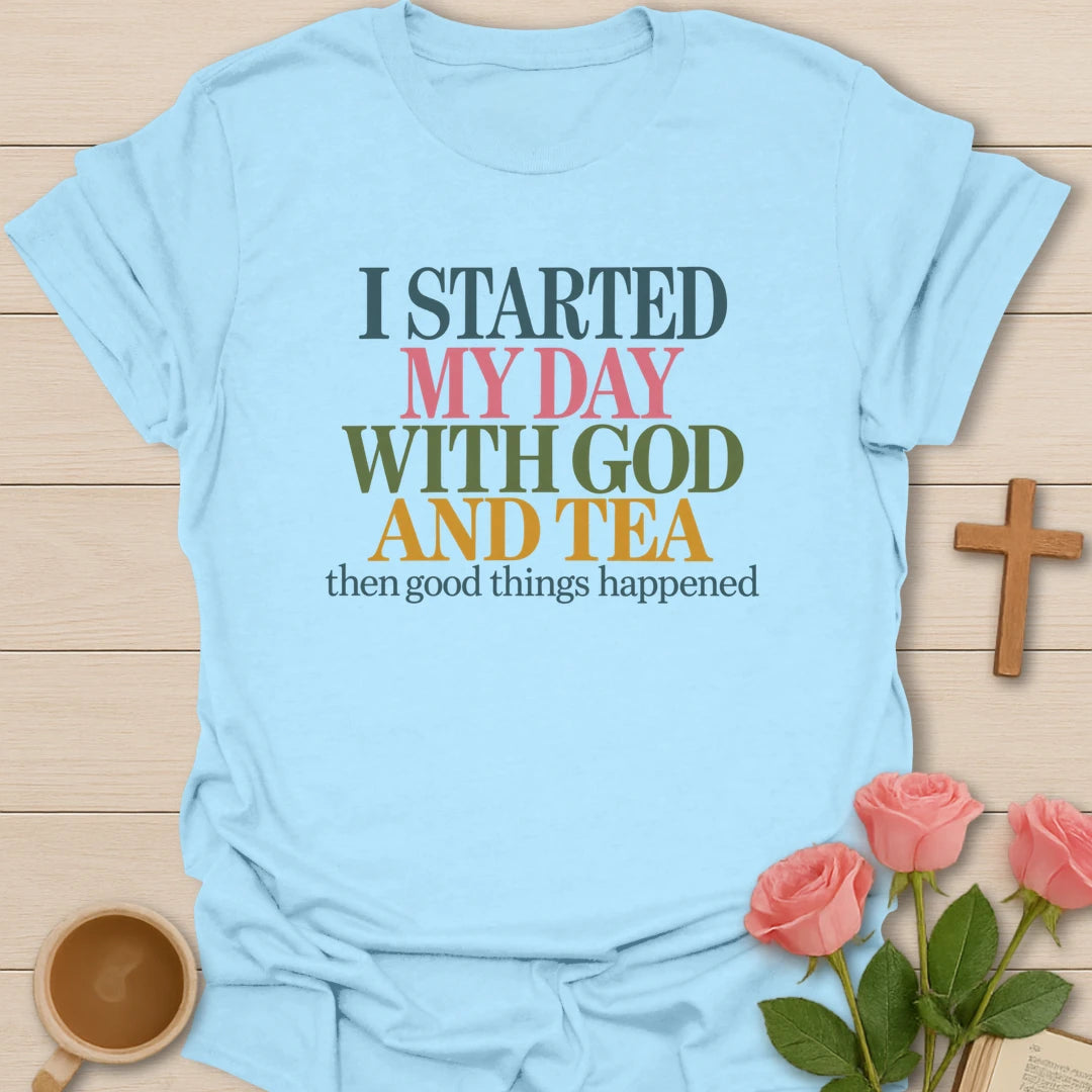 Good Things Happen T-Shirt with hopeful lettering and faith-inspired design. - Light Blue