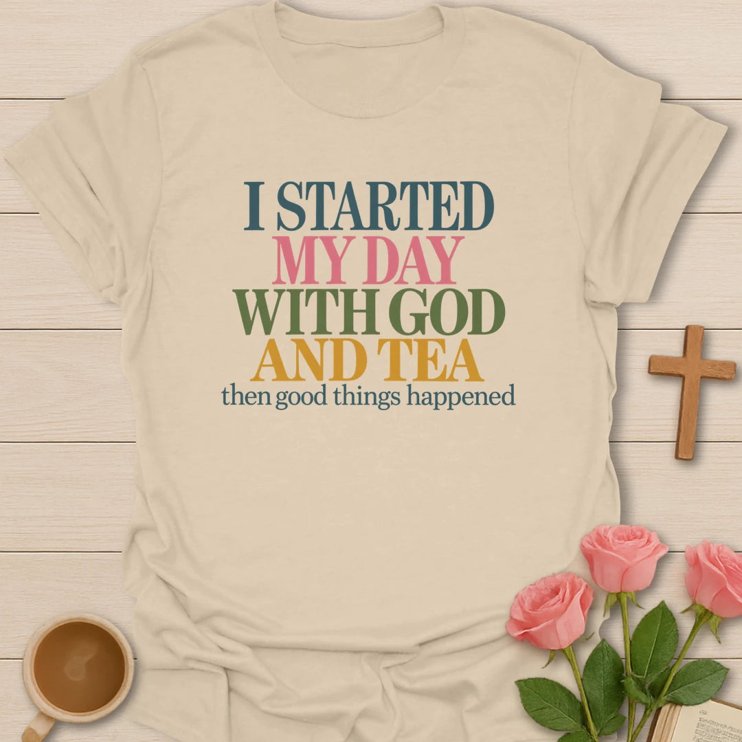Good Things Happen T-Shirt with hopeful lettering and faith-inspired design. - Sand