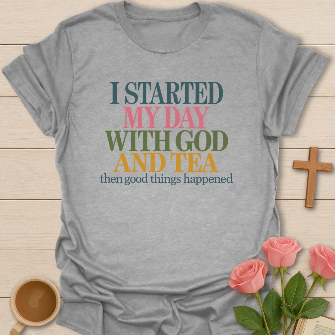 Good Things Happen T-Shirt with hopeful lettering and faith-inspired design. - Sport Grey