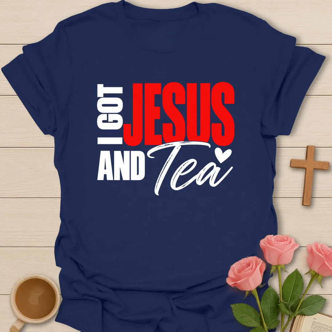 I Got Jesus and Tea t-shirt in bold block lettering with script Tea and a small heart - Navy