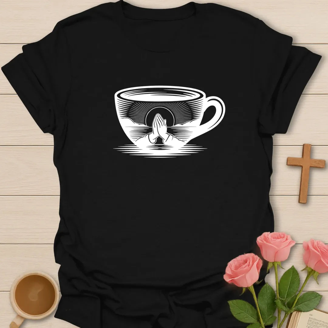 Grace and Caffeine shirt with coffee cup, cross, and cream vintage lettering. - Black