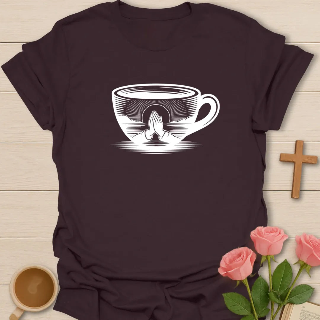 Grace and Caffeine shirt with coffee cup, cross, and cream vintage lettering. - Dark Chocolate