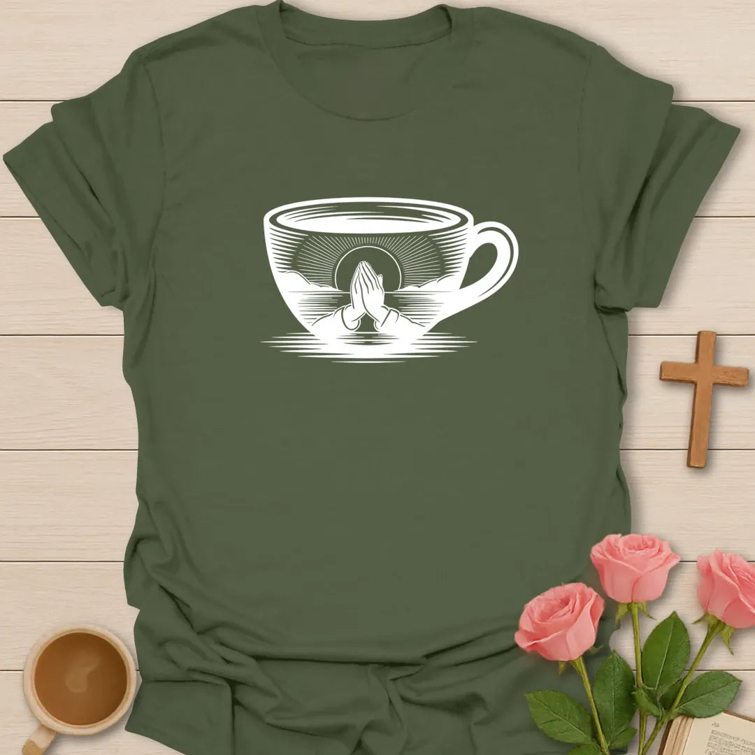 Grace and Caffeine shirt with coffee cup, cross, and cream vintage lettering. - Military Green