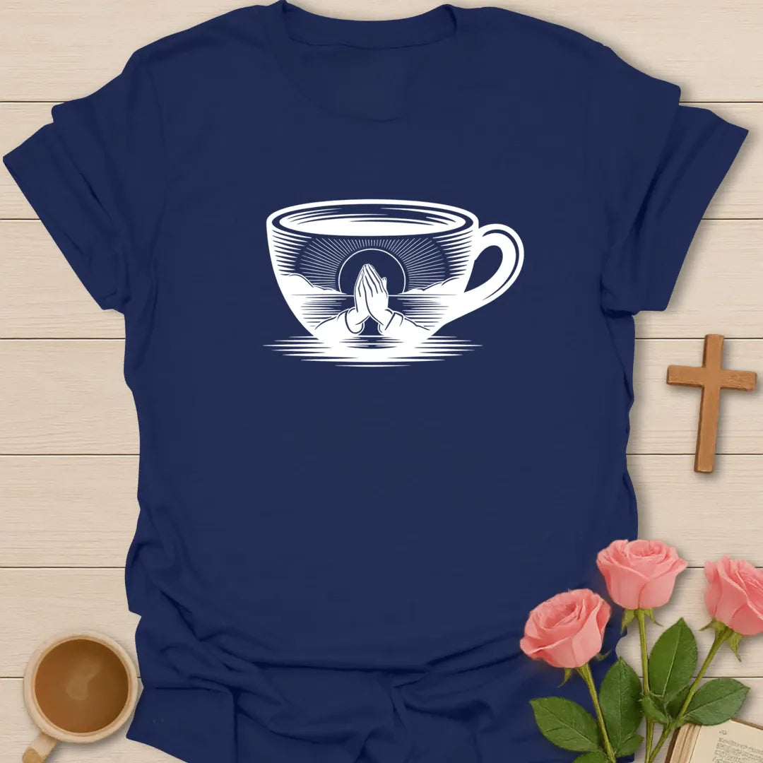 Grace and Caffeine shirt with coffee cup, cross, and cream vintage lettering. - Navy