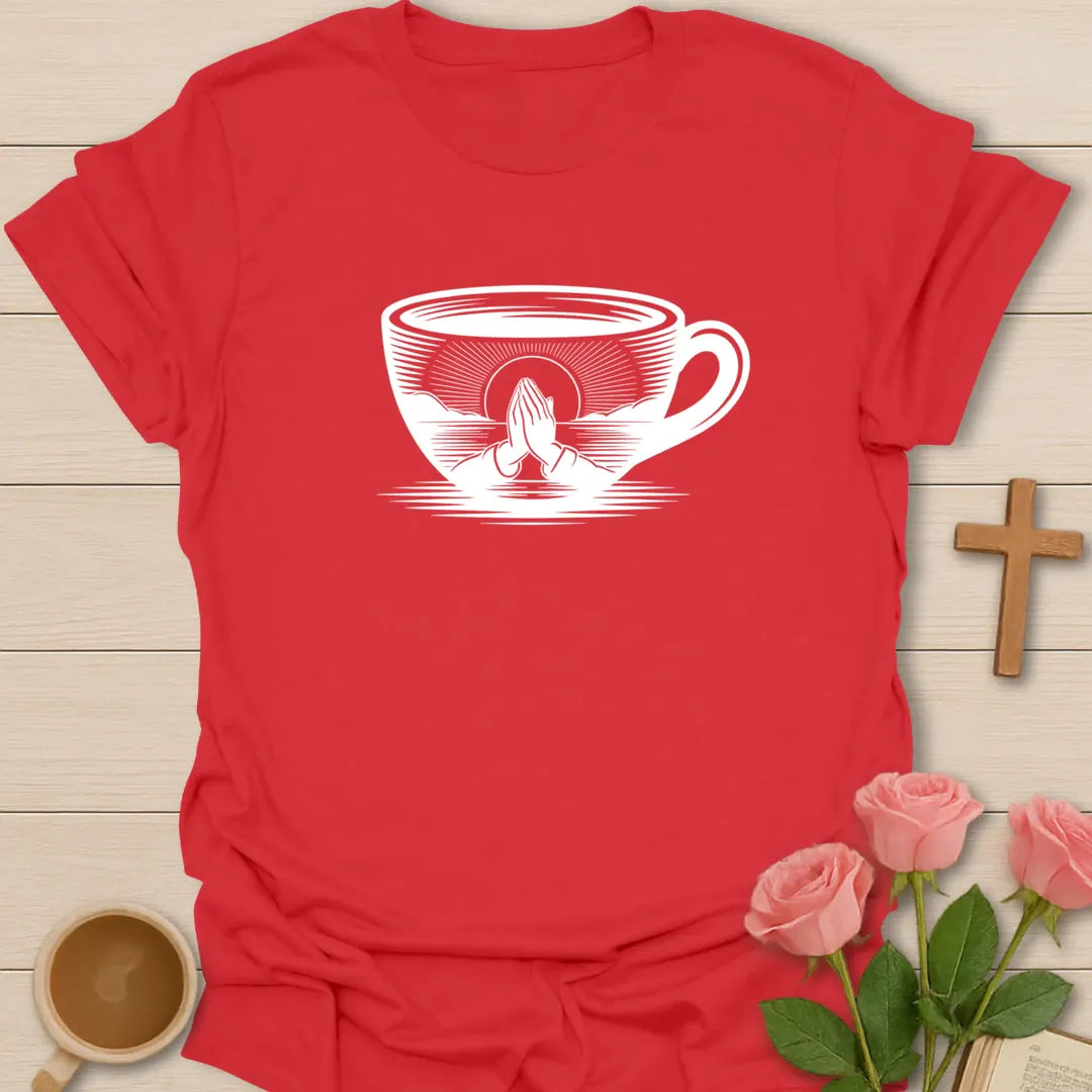 Grace and Caffeine shirt with coffee cup, cross, and cream vintage lettering. - Red