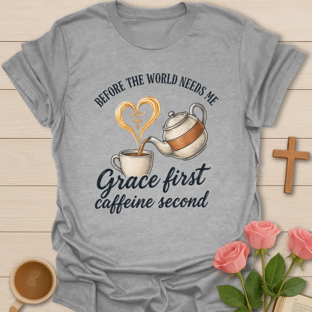 Grace First Caffeine Second shirt with coffee cup, cross, and cream vintage lettering. - Sport Grey