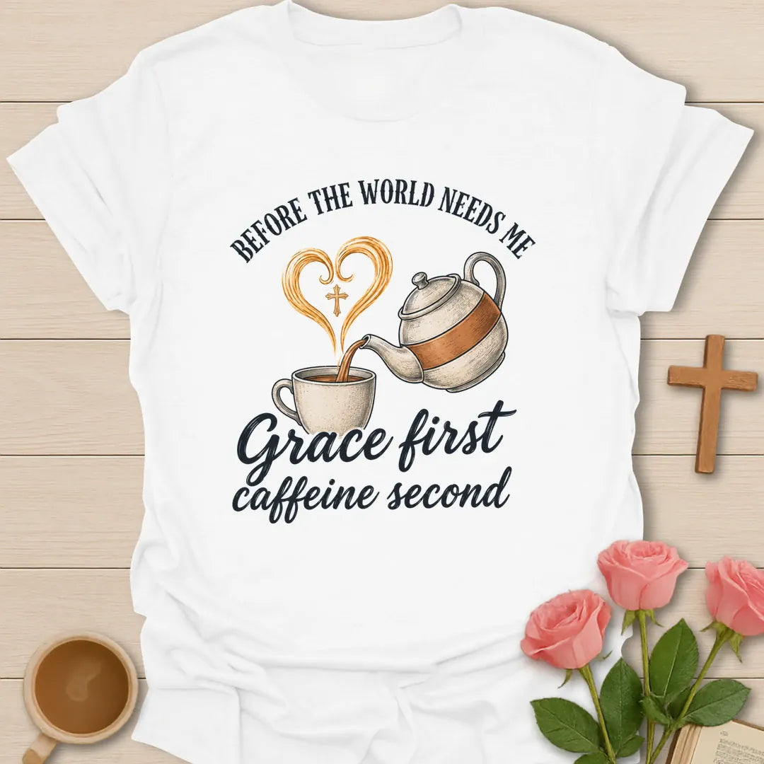 Grace First Caffeine Second shirt with coffee cup, cross, and cream vintage lettering. - White