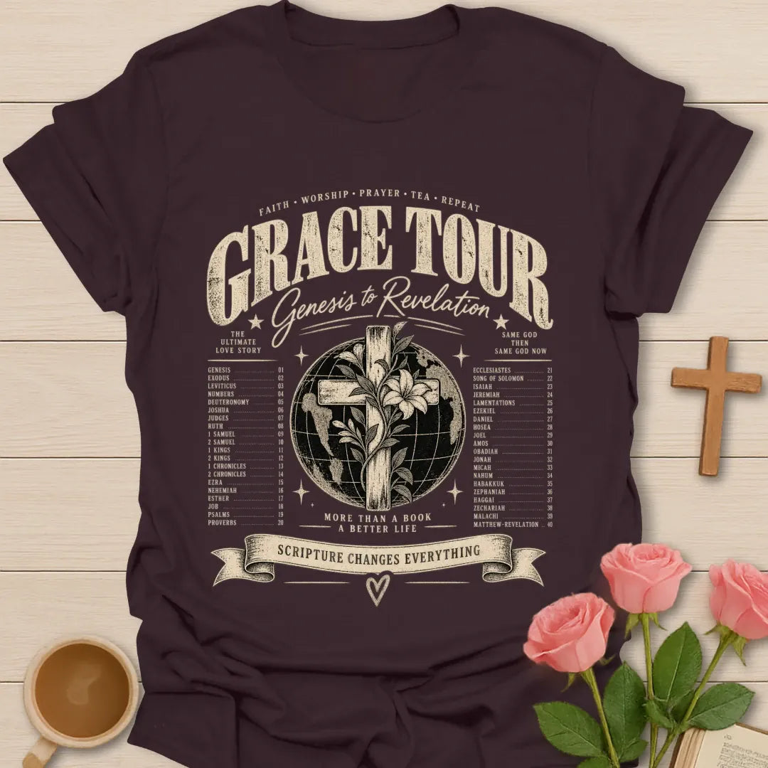 Grace Tour t-shirt with faith-inspired lettering - Dark Chocolate