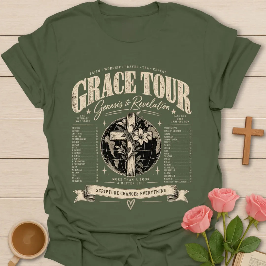 Grace Tour t-shirt with faith-inspired lettering - Military Green