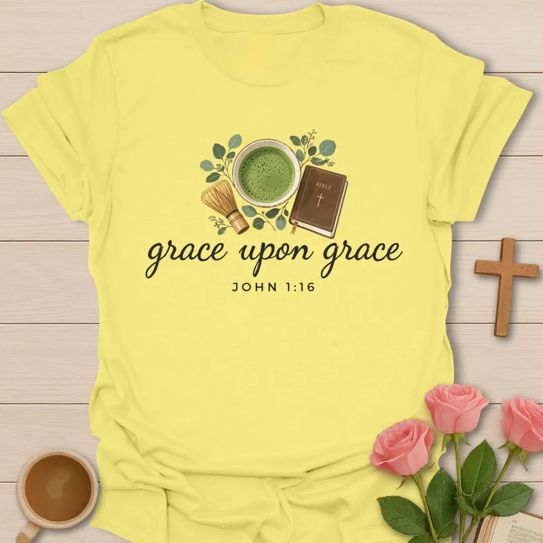 Grace Upon Grace Christian t-shirt with tea-inspired lettering and faith design - Cornsilk