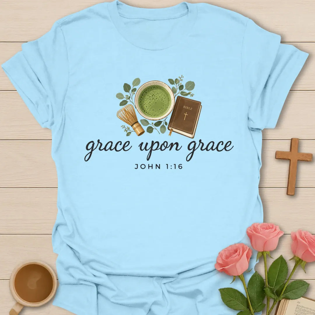 Grace Upon Grace Christian t-shirt with tea-inspired lettering and faith design - Light Blue