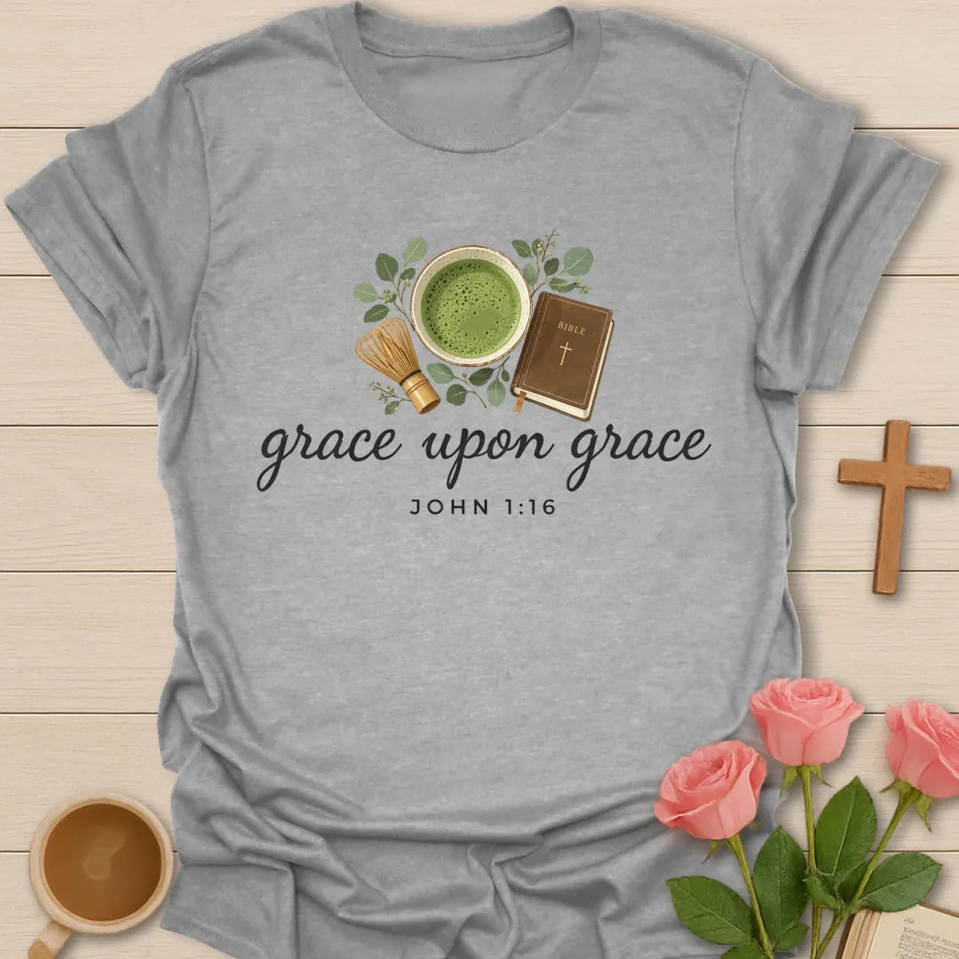 Grace Upon Grace Christian t-shirt with tea-inspired lettering and faith design - Sport Grey