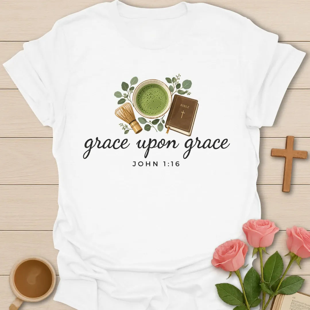 Grace Upon Grace Christian t-shirt with tea-inspired lettering and faith design - White