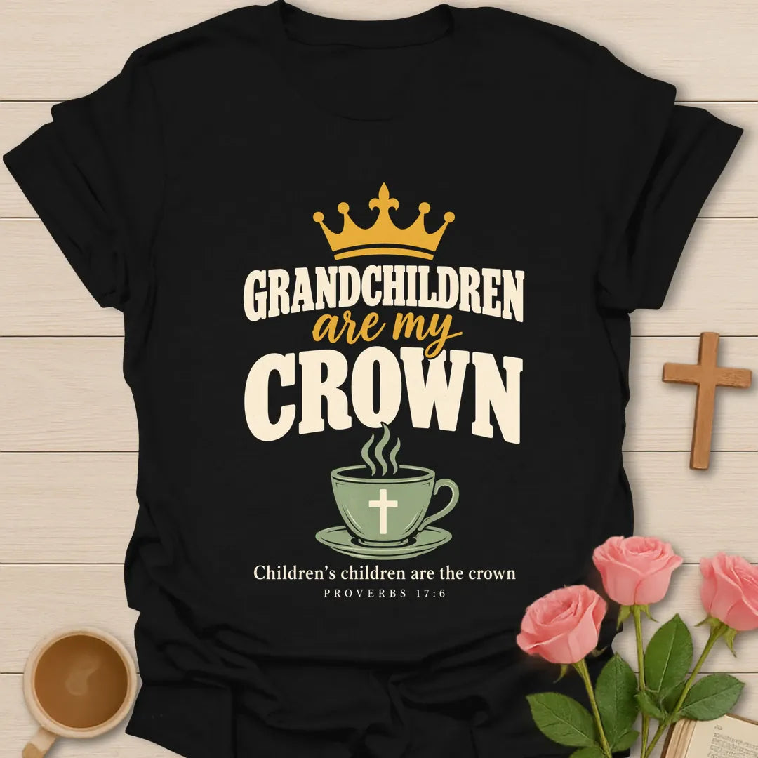 Grandchildren Are My Crown Christian t-shirt with faith-inspired lettering and design - Black
