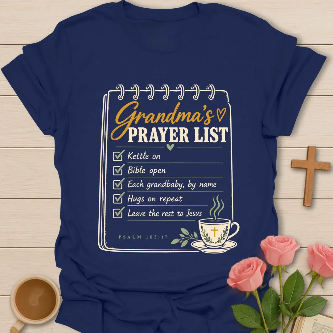 Grandma Prayer List Christian t-shirt with faith-inspired lettering and design - Navy