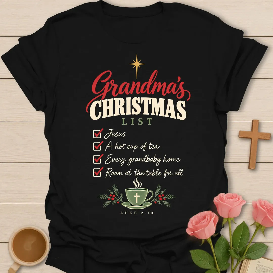 Grandma's Christmas List Christian Christmas t-shirt with festive faith-inspired lettering - Black