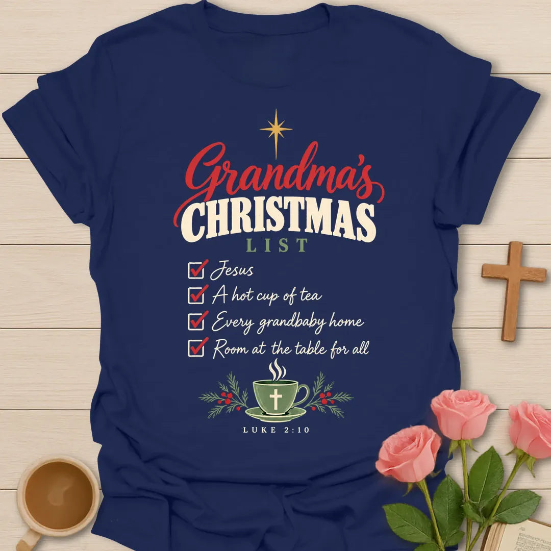 Grandma's Christmas List Christian Christmas t-shirt with festive faith-inspired lettering - Navy