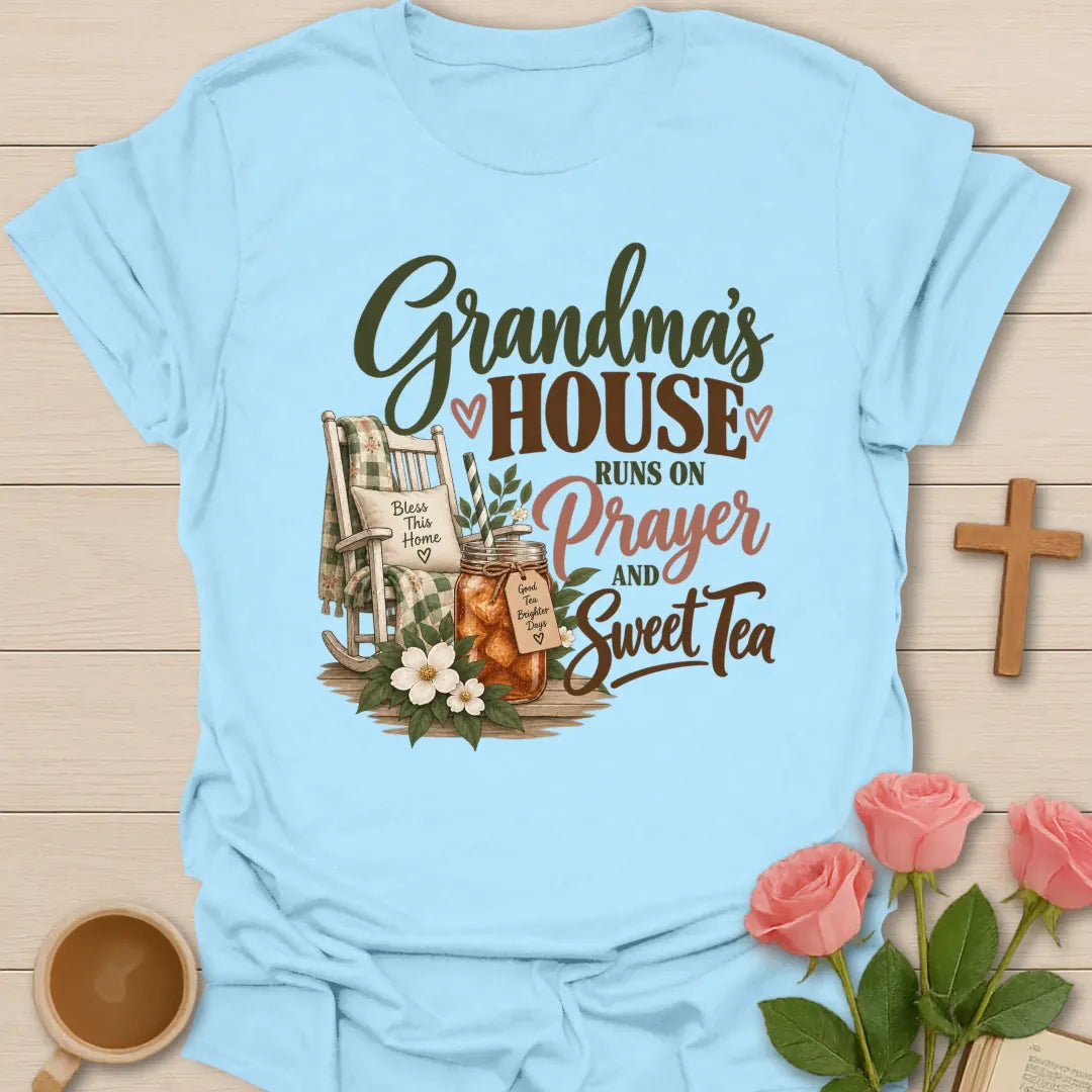 Grandma's House Christian t-shirt with cozy faith-inspired lettering - Light Blue