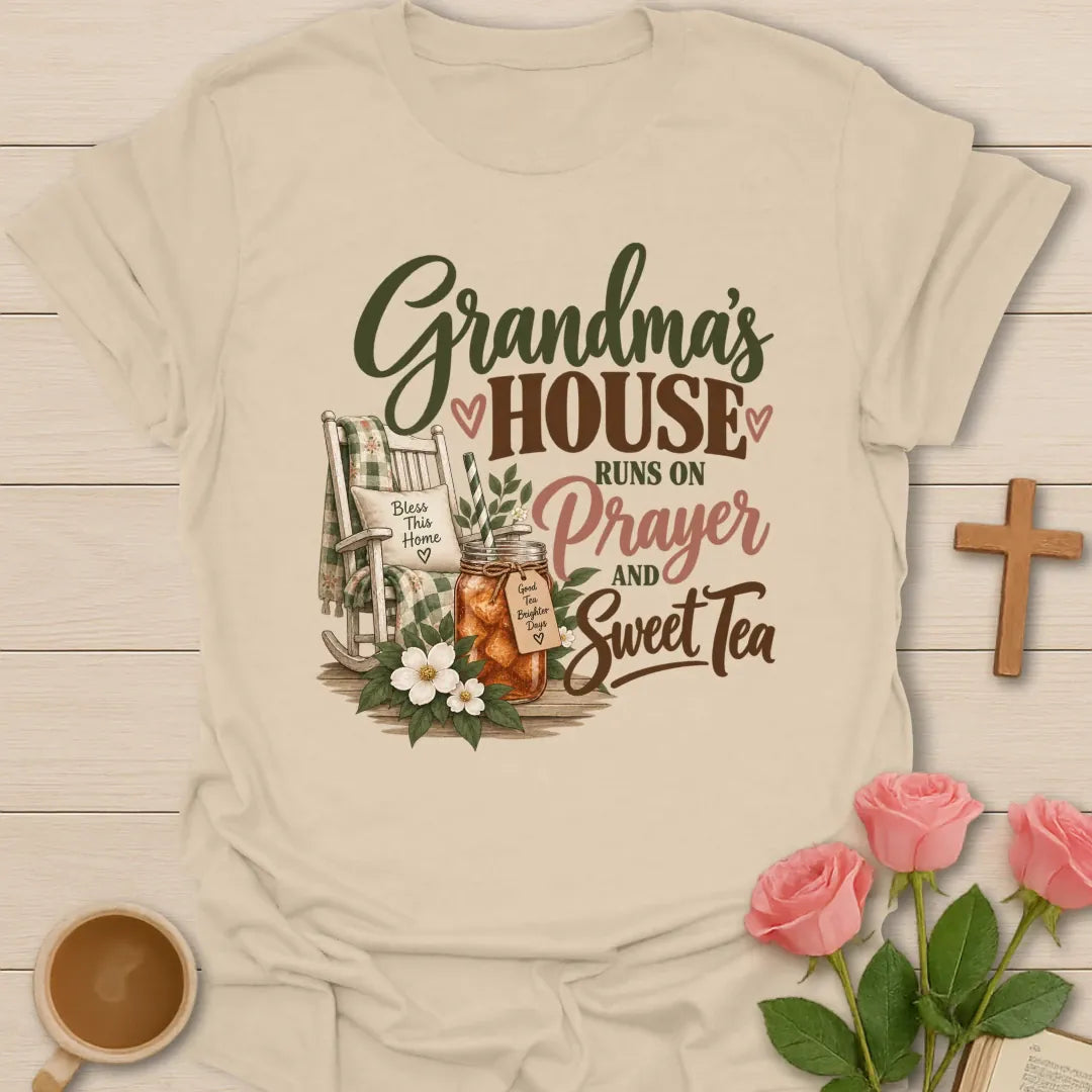 Grandma's House Christian t-shirt with cozy faith-inspired lettering - Sand