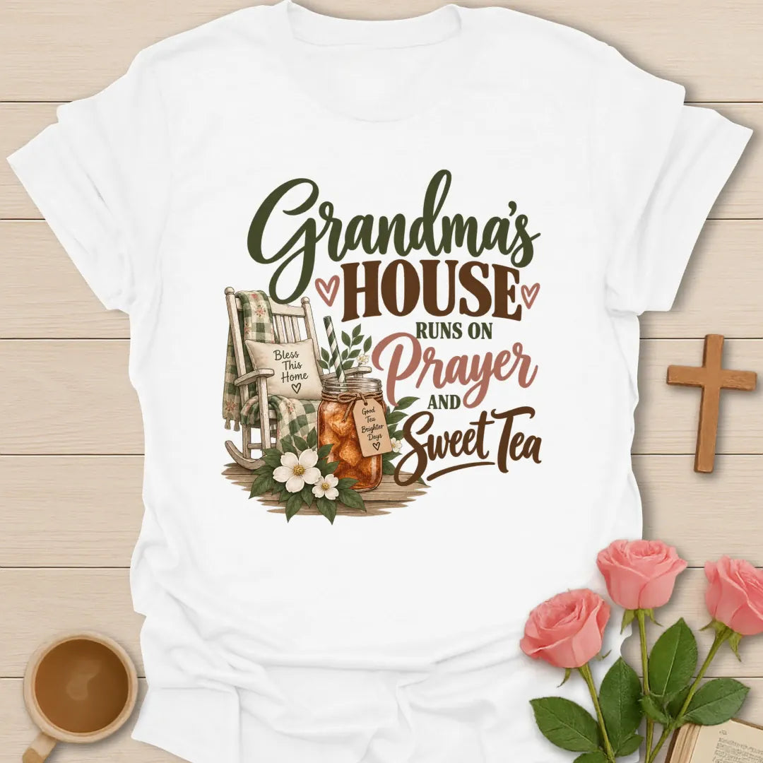 Grandma's House Christian t-shirt with cozy faith-inspired lettering - White