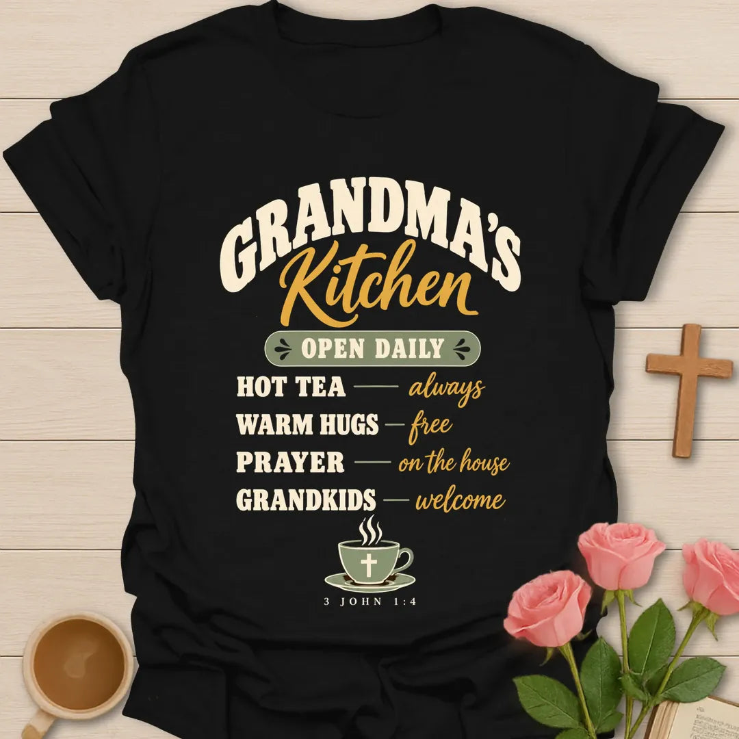 Grandma's Kitchen Vintage Christian t-shirt with faith-inspired lettering and design - Black