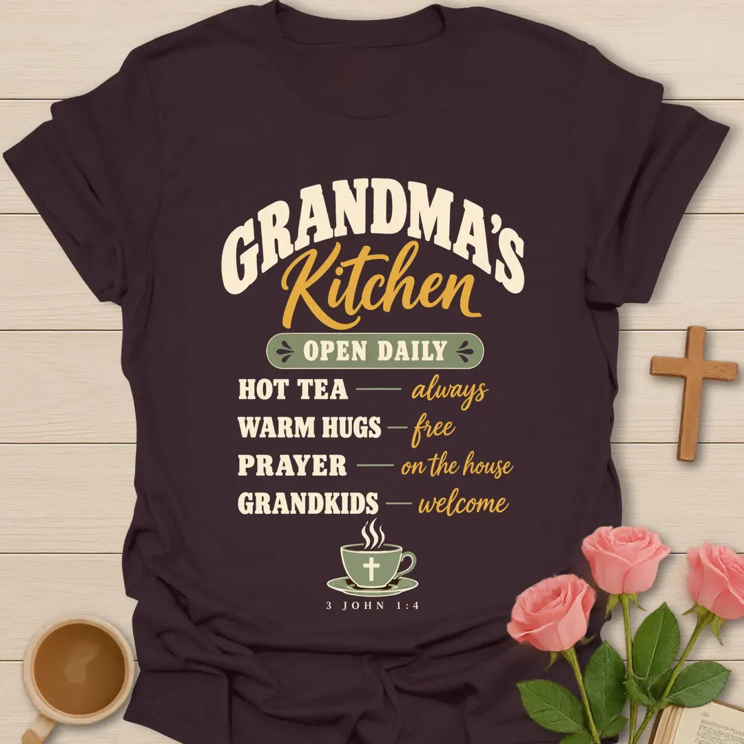 Grandma's Kitchen Vintage Christian t-shirt with faith-inspired lettering and design - Dark Chocolate