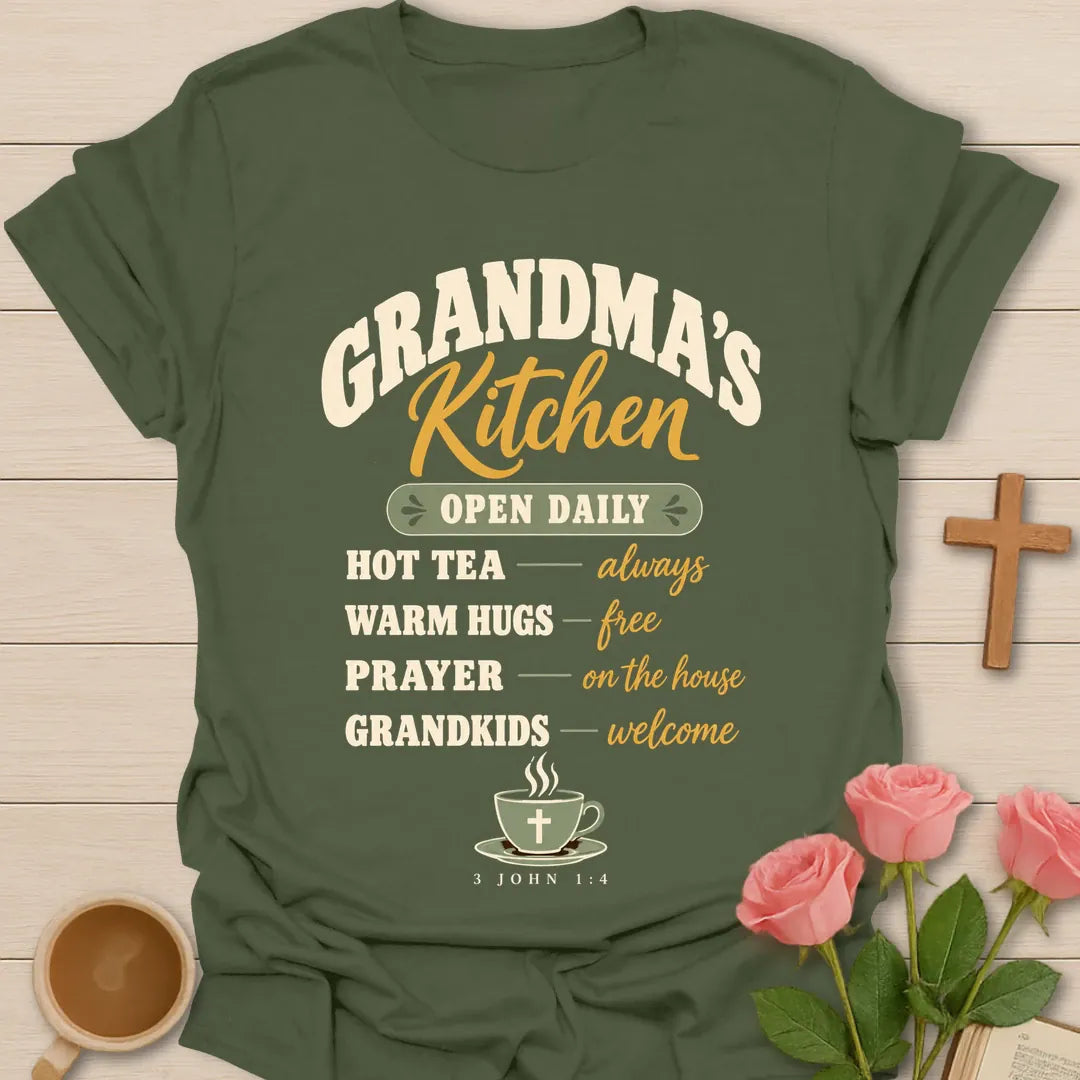 Grandma's Kitchen Vintage Christian t-shirt with faith-inspired lettering and design - Military Green