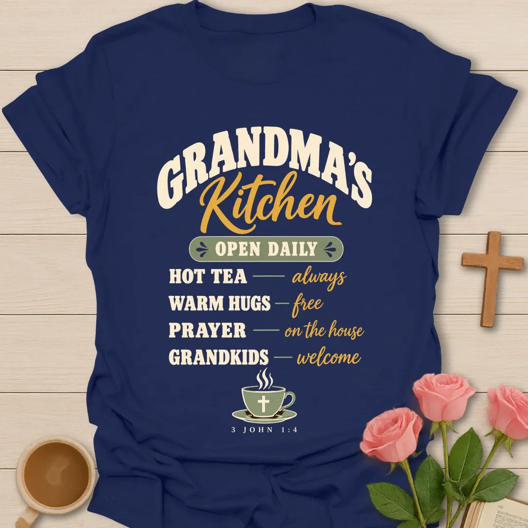 Grandma's Kitchen Vintage Christian t-shirt with faith-inspired lettering and design - Navy