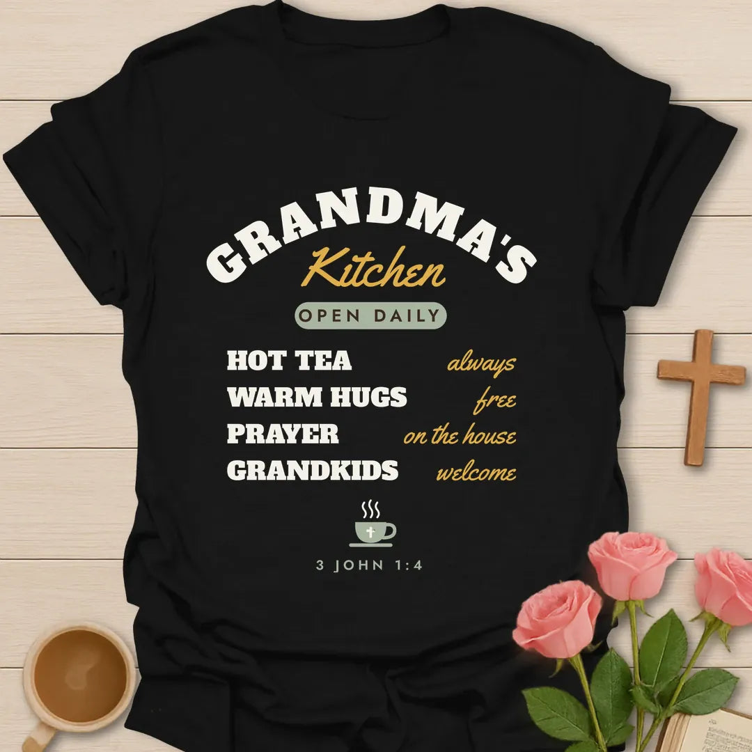 Grandma's Kitchen Christian t-shirt with faith-inspired lettering and design - Black