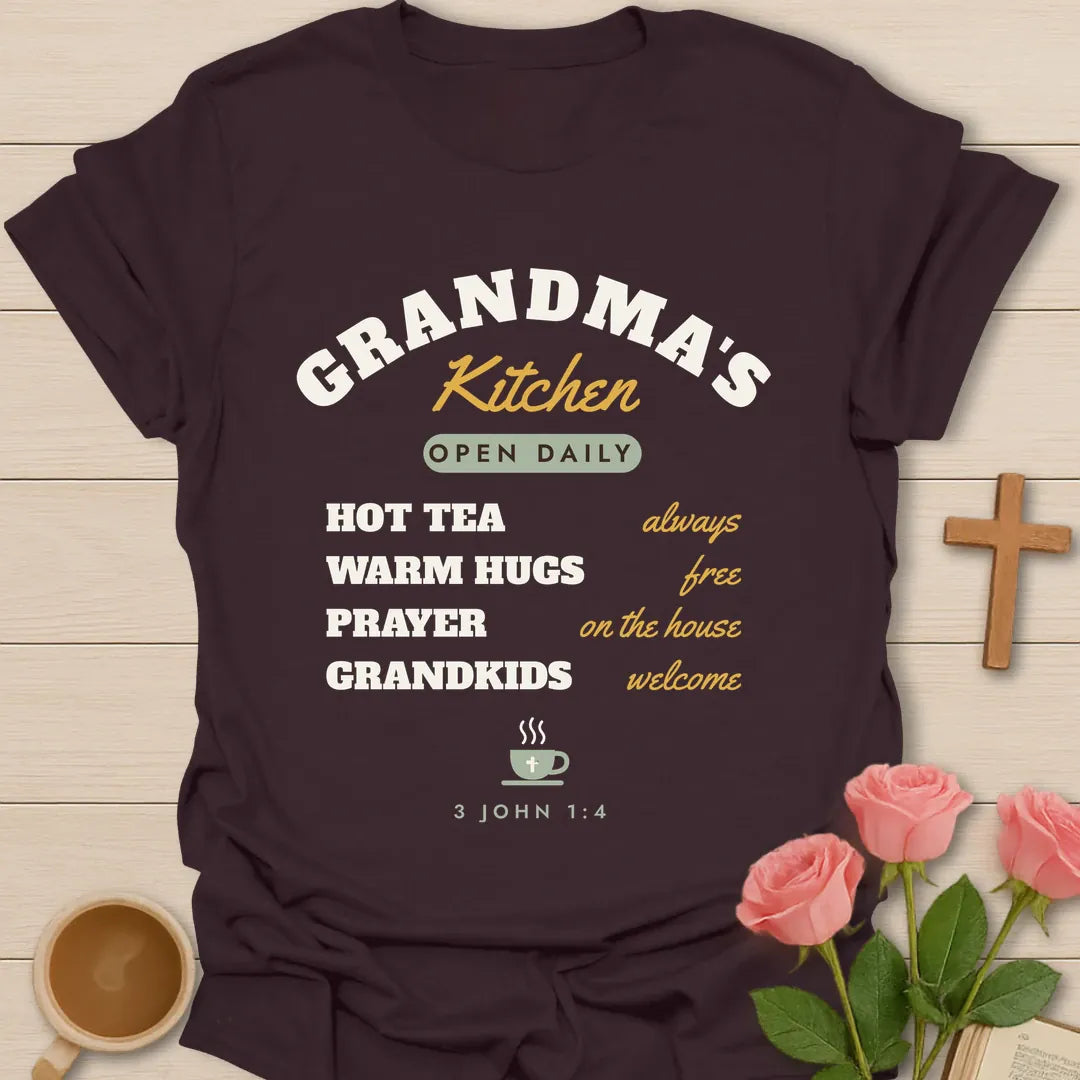 Grandma's Kitchen Christian t-shirt with faith-inspired lettering and design - Dark Chocolate