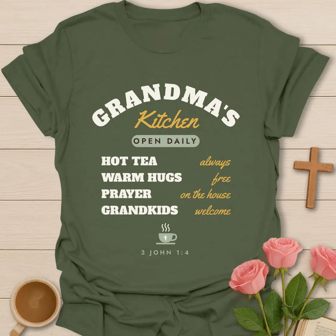 Grandma's Kitchen Christian t-shirt with faith-inspired lettering and design - Military Green