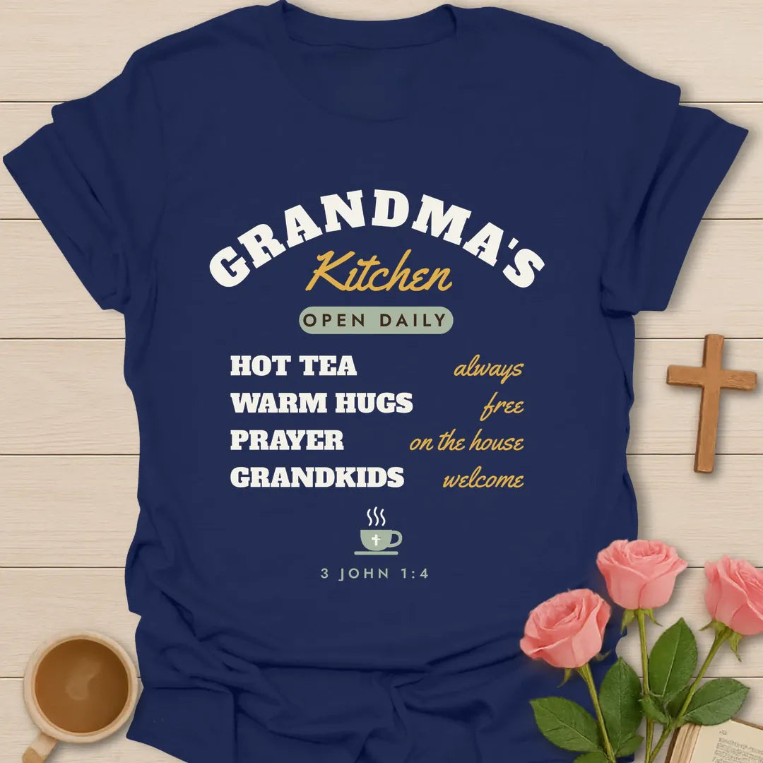 Grandma's Kitchen Christian t-shirt with faith-inspired lettering and design - Navy